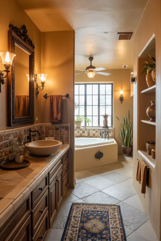 25. Tuscan Inspired Bathroom with Stone Sink and Warm Lighting