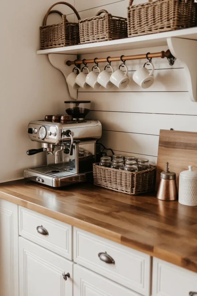 3. Farmhouse Style Coffee Bar with Wooden Accents