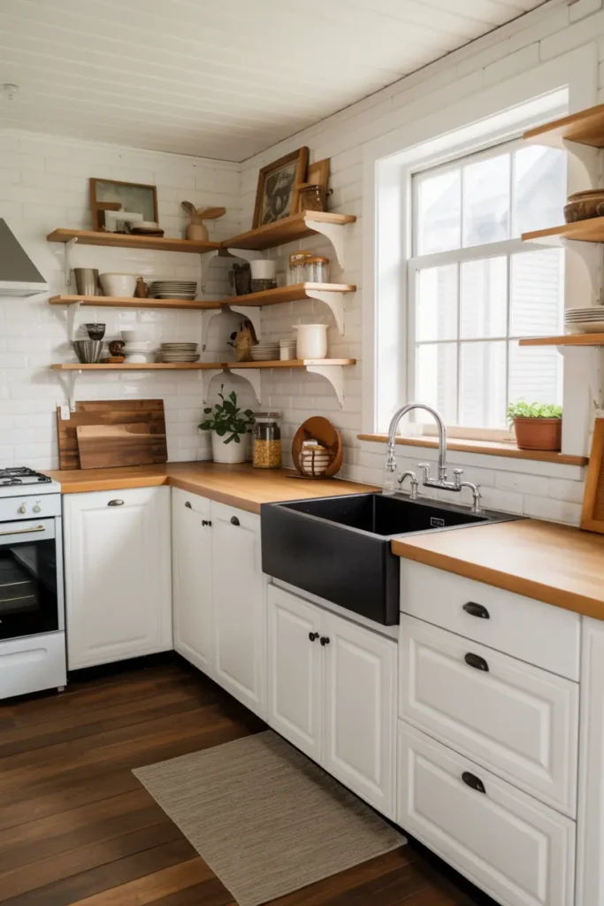 3. Farmhouse White Kitchen with Butcher Block Countertops