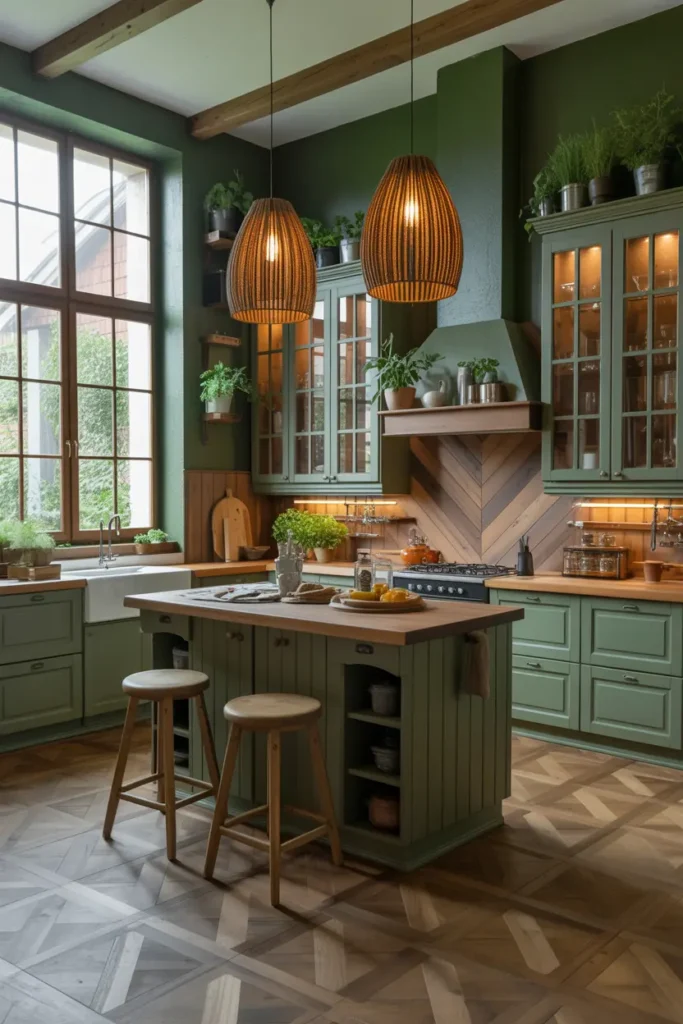 3. Forest Green and Brown Rustic Farmhouse Kitchen