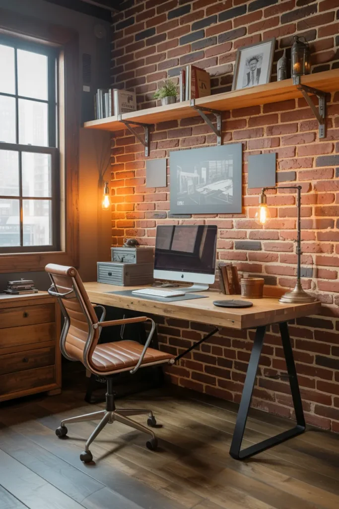 3. Industrial Style Office with Exposed Brick and Metal Accents