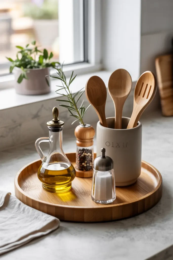 3. Kitchen Counter Tray with Olive Oil and Utensils