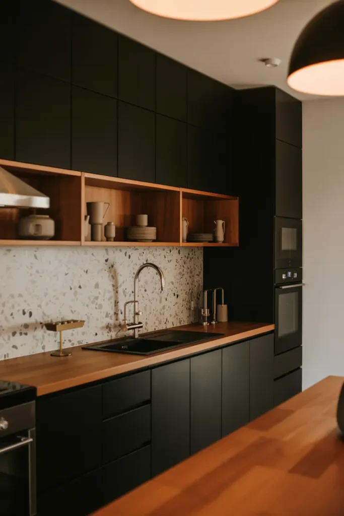 3. Matte Black Kitchen Cabinets with Wooden Countertops