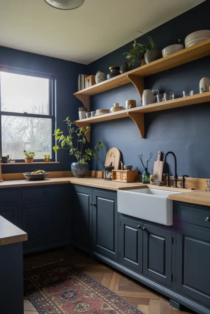 3. Matte Dark Blue Walls with Open Wooden Shelves