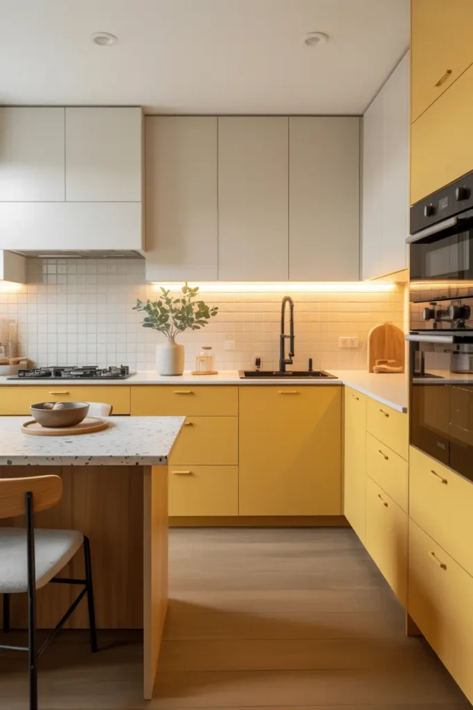 3. Two Tone Kitchen with Mustard Yellow Accents