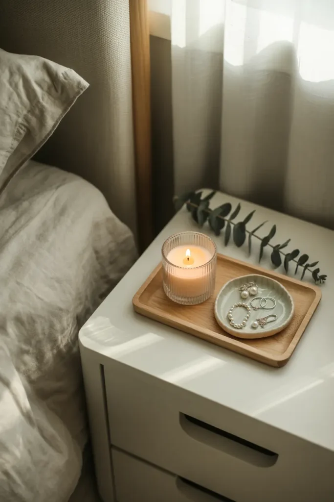 4. Bedroom Nightstand Tray with Candle and Jewelry Dish