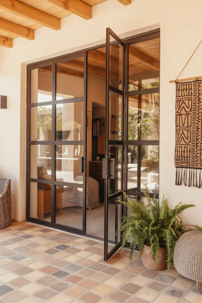 4. Black Framed Glass Doors with Warm Terracotta Floors