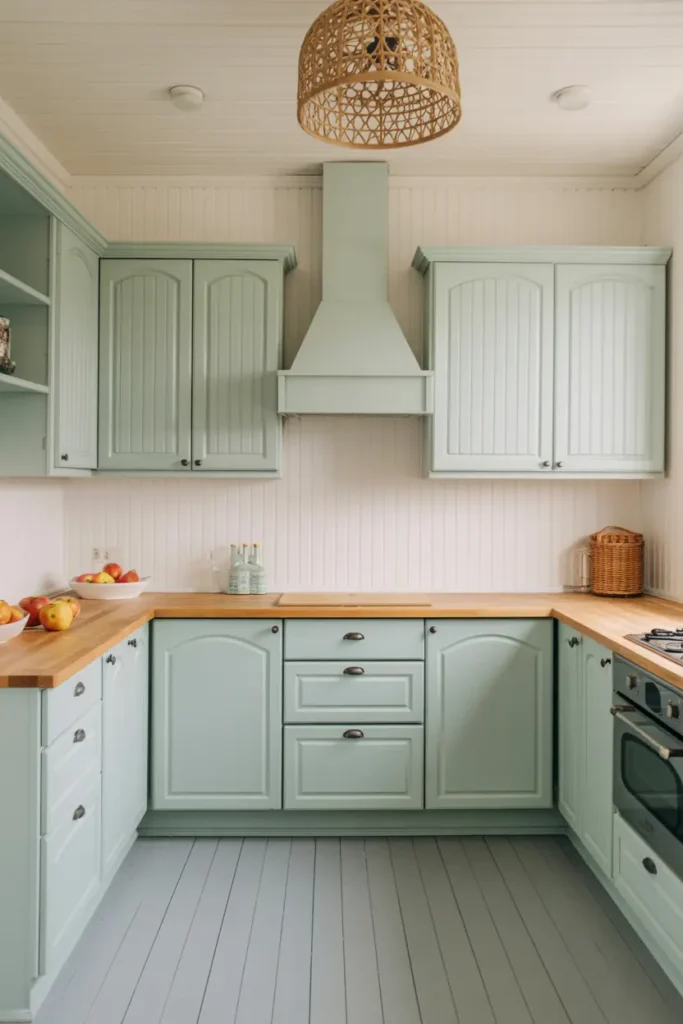 4. Mint Green Cabinets with Butcher Block Countertops