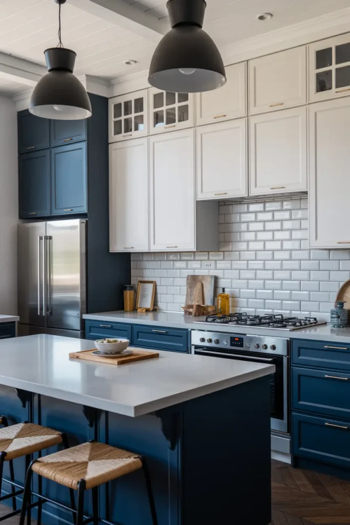 4. Two Tone Kitchen Dark Blue Base and White Uppers