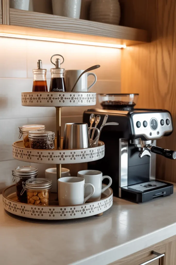 5. Coffee Bar with Tiered Tray for Accessories and Snacks