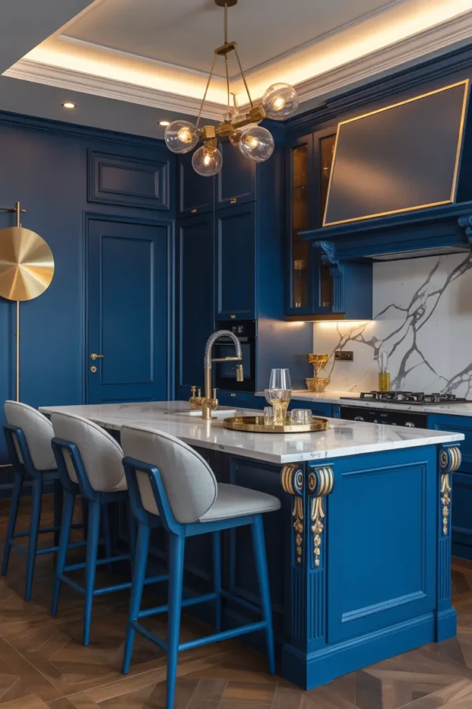 5. Dark Blue and Gold Kitchen Accents for a Luxe Look