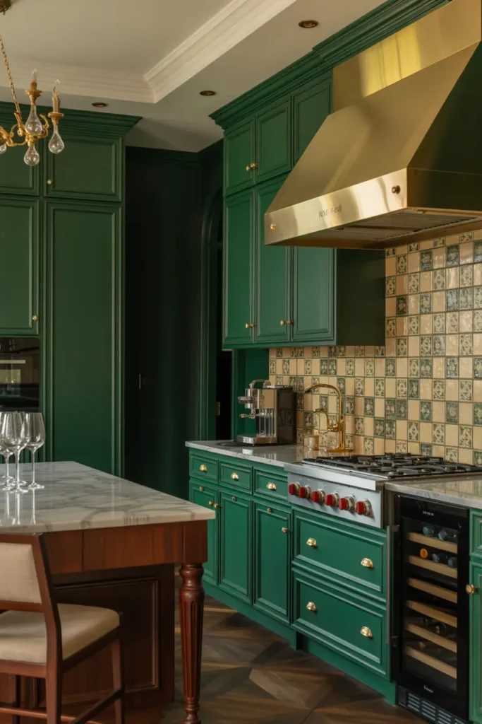 5. Dark Green Kitchen with Rich Mahogany Island