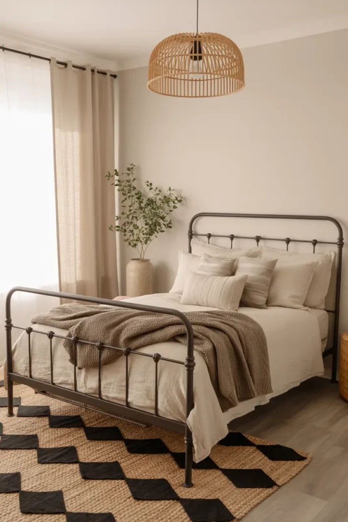 5. Earthy Neutral Bedding with Black Metal Bed Frame