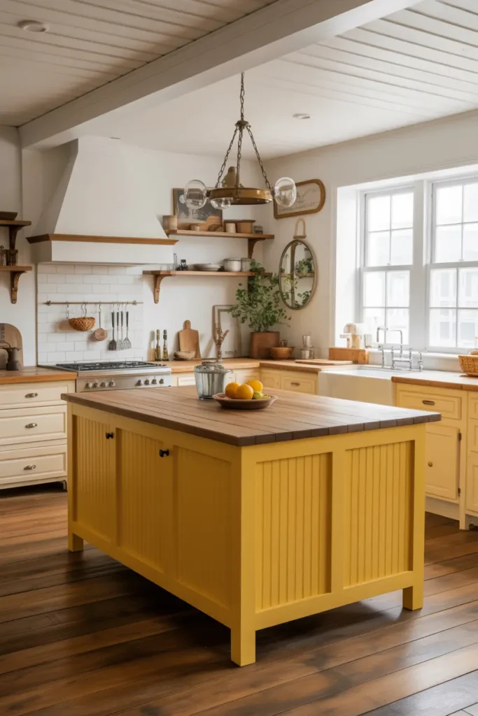 5. Farmhouse Kitchen with Mustard Yellow Island