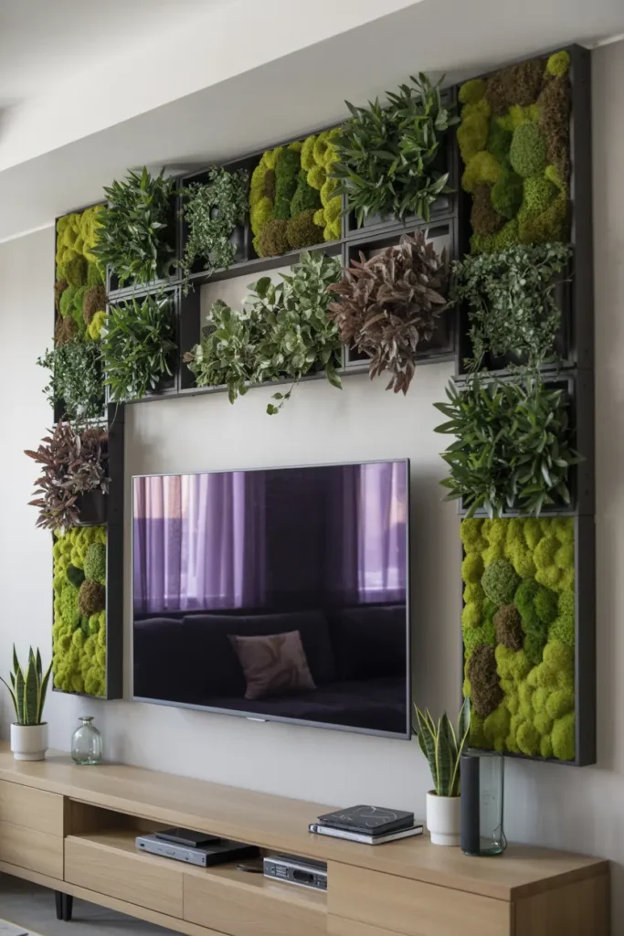 5. Greenery Wall Behind the TV for a Natural Backdrop
