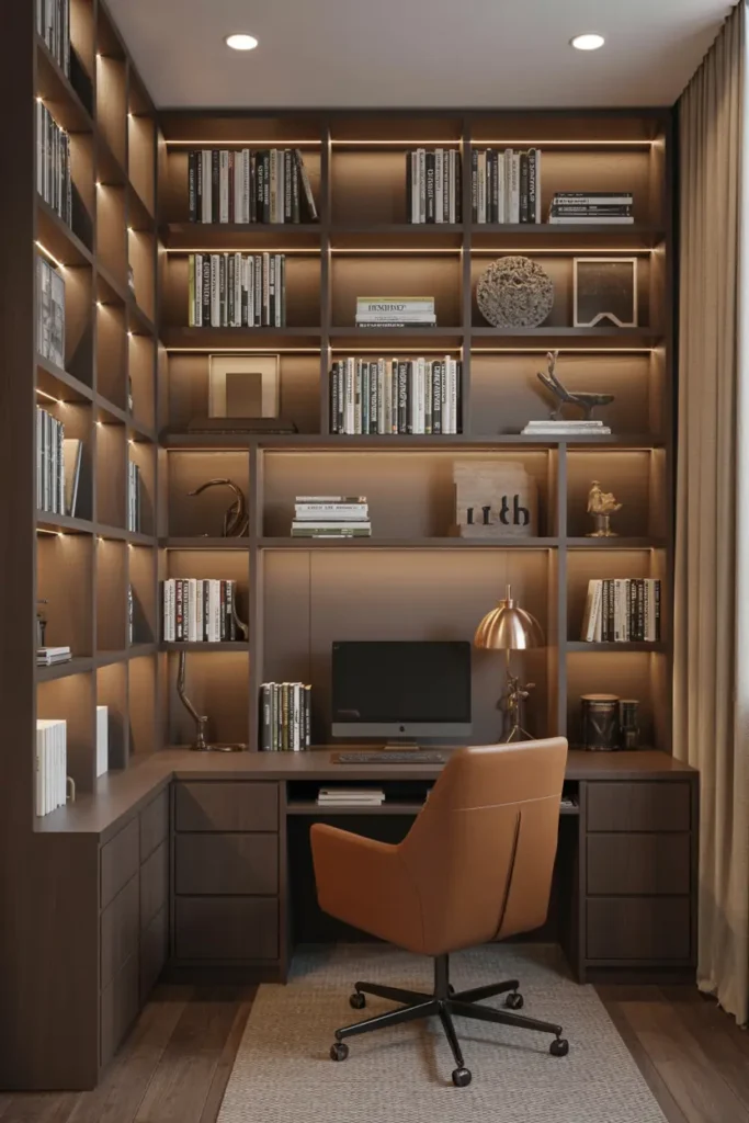 5. Office with Dark Built In Bookshelves and Warm Lighting