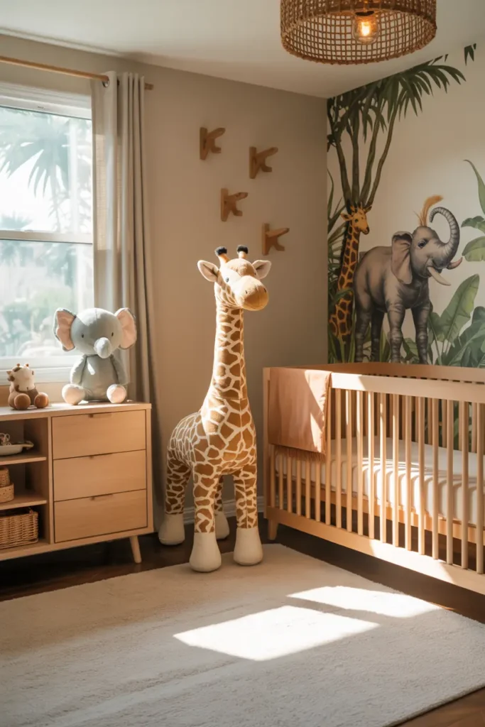 5. Safari Inspired Nursery with Plush Toys and Jungle Prints
