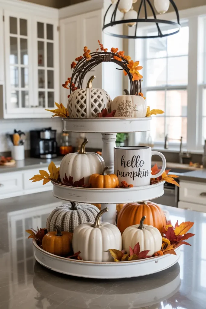 5. Tray with Seasonal Decor Pumpkins Pinecones etc