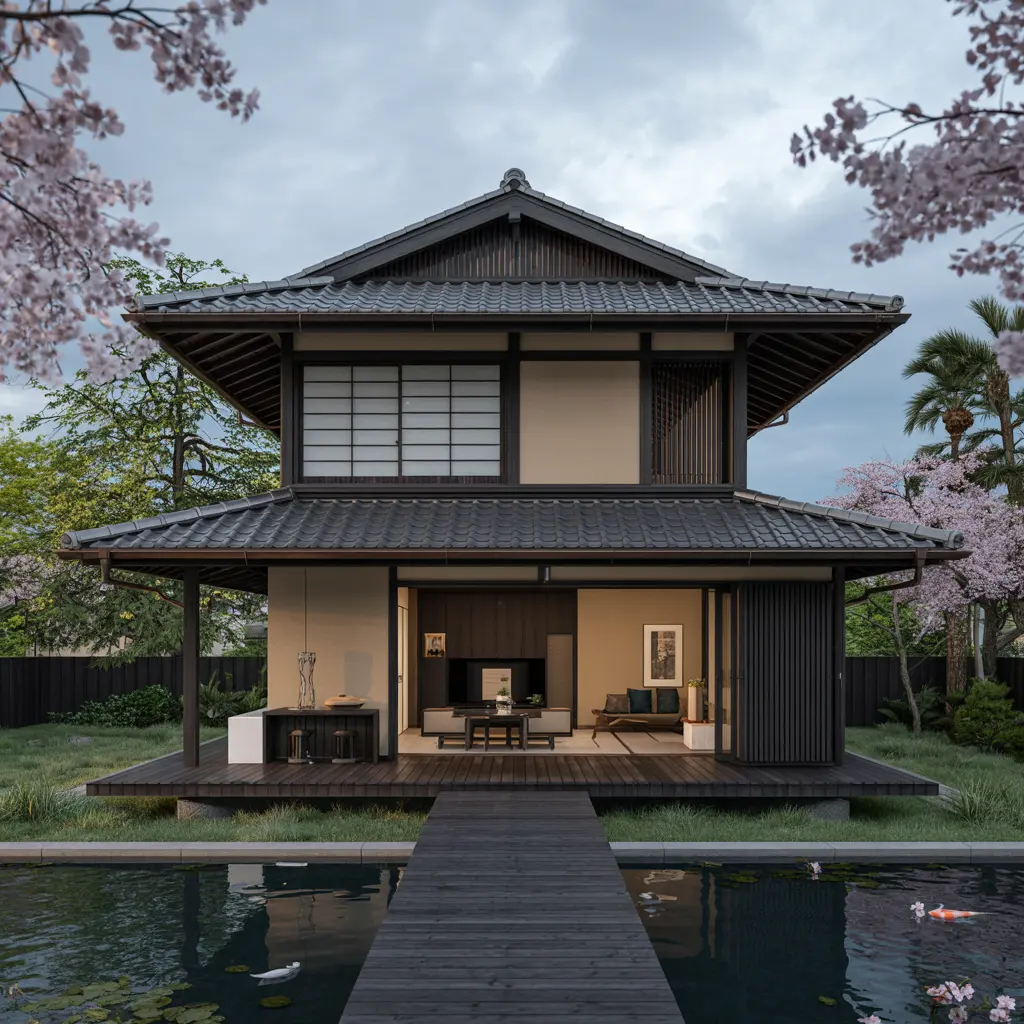 5. Two Story Japanese House with Slanted Roof Design