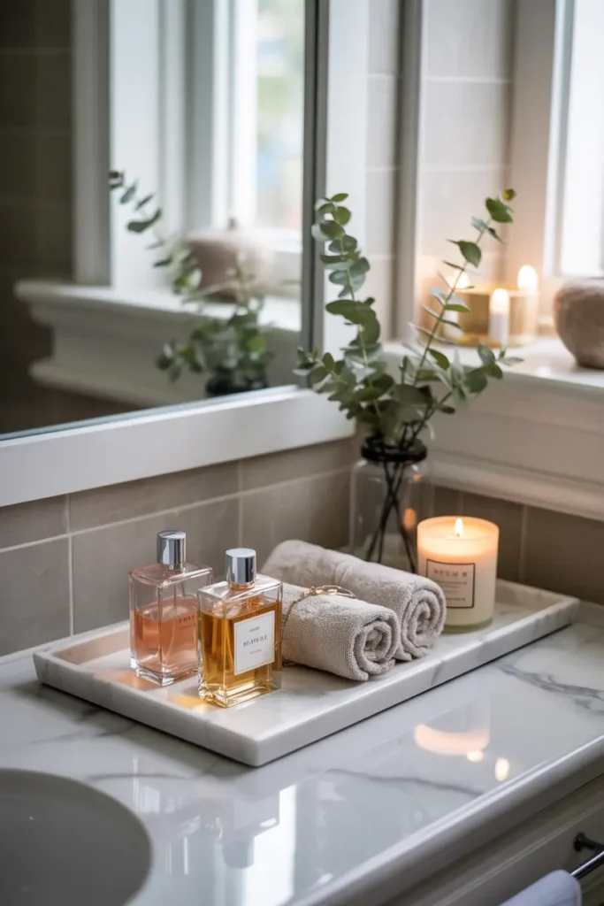 6. Bathroom Vanity Tray with Perfume and Towels