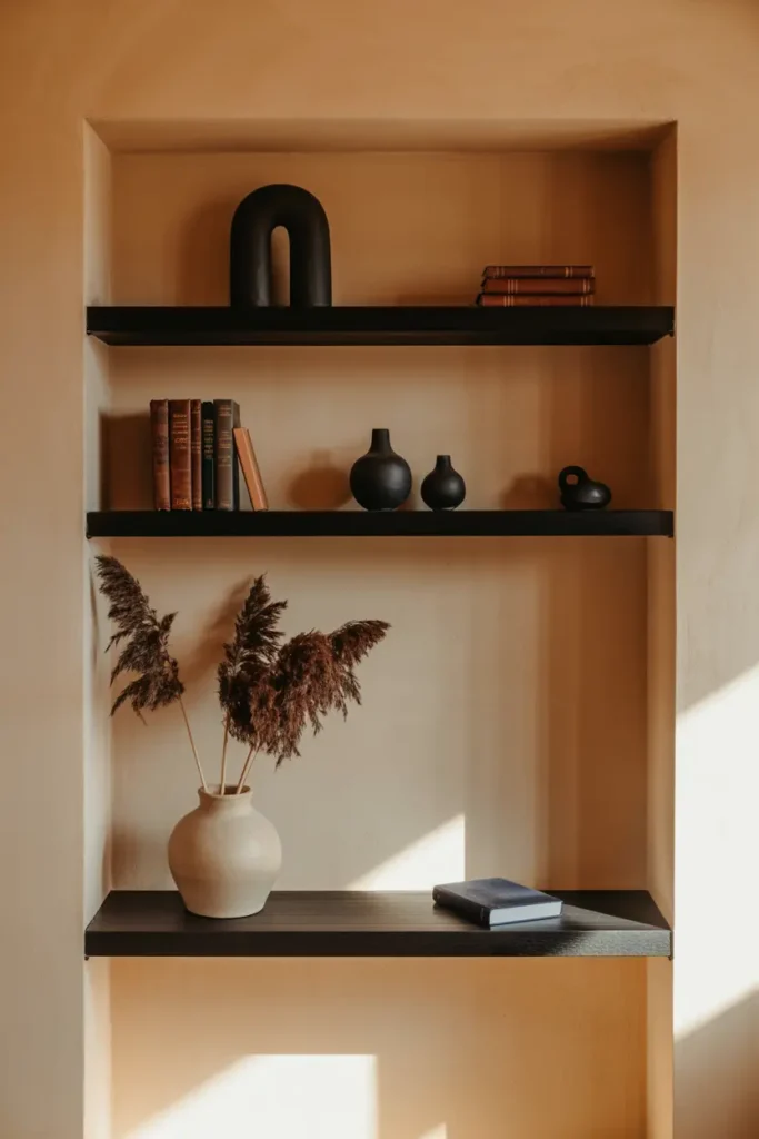 6. Black Floating Shelves on a Warm Beige Wall