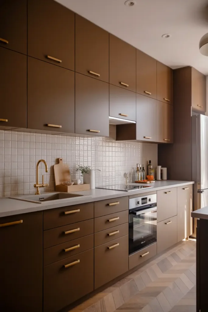 6. Contemporary Brown Kitchen with Gold Hardware