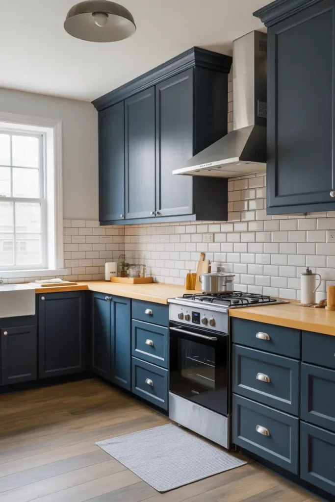 6. Navy Cabinets with White Subway Tile Backsplash