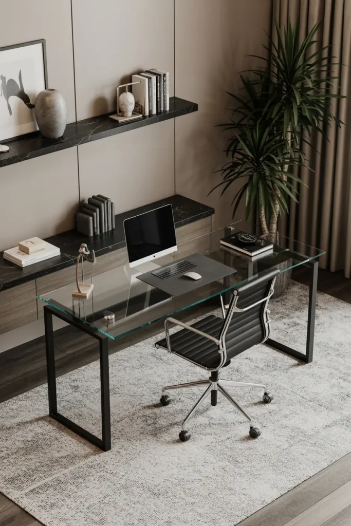 6. Sleek Glass Desk with Black Steel Frame