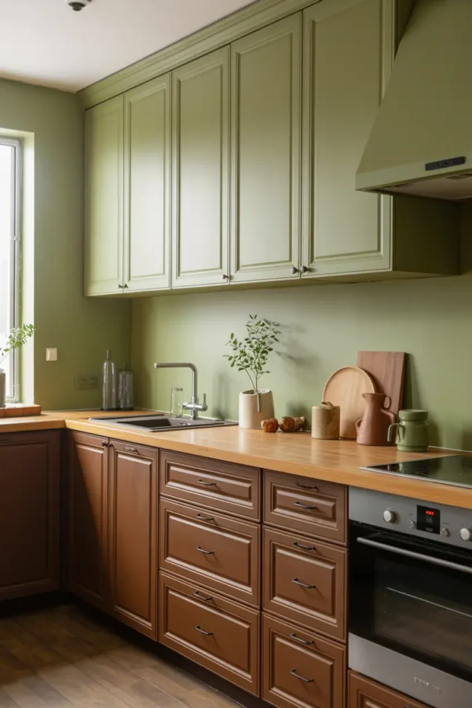 6. Two Tone Kitchen with Green Uppers and Brown Lowers