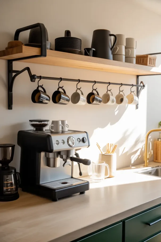 7. Coffee Bar with Wall Hooks for Hanging Mugs