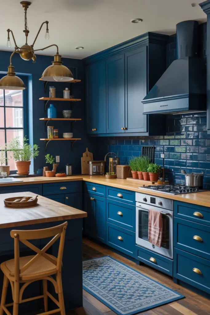 7. Deep Blue Kitchen with Butcher Block Countertops