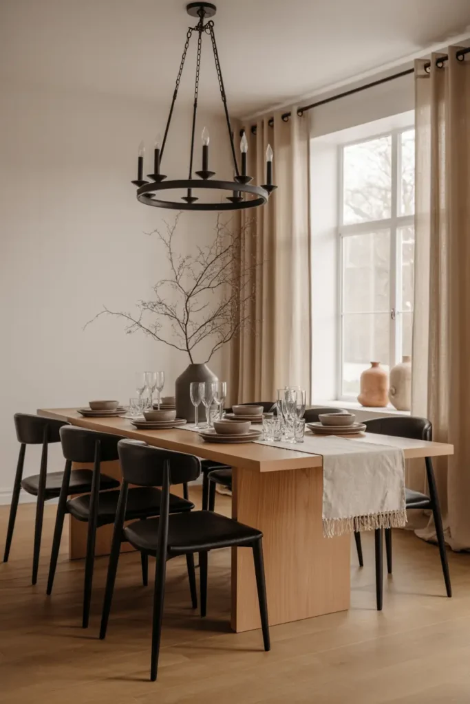 7. Earth Tone Dining Table with Black Modern Chairs