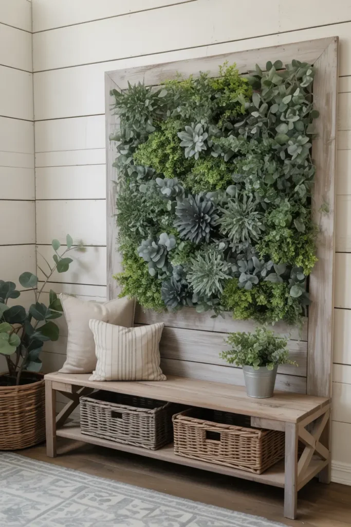 7. Greenery Wall with Wooden Frame for Rustic Charm