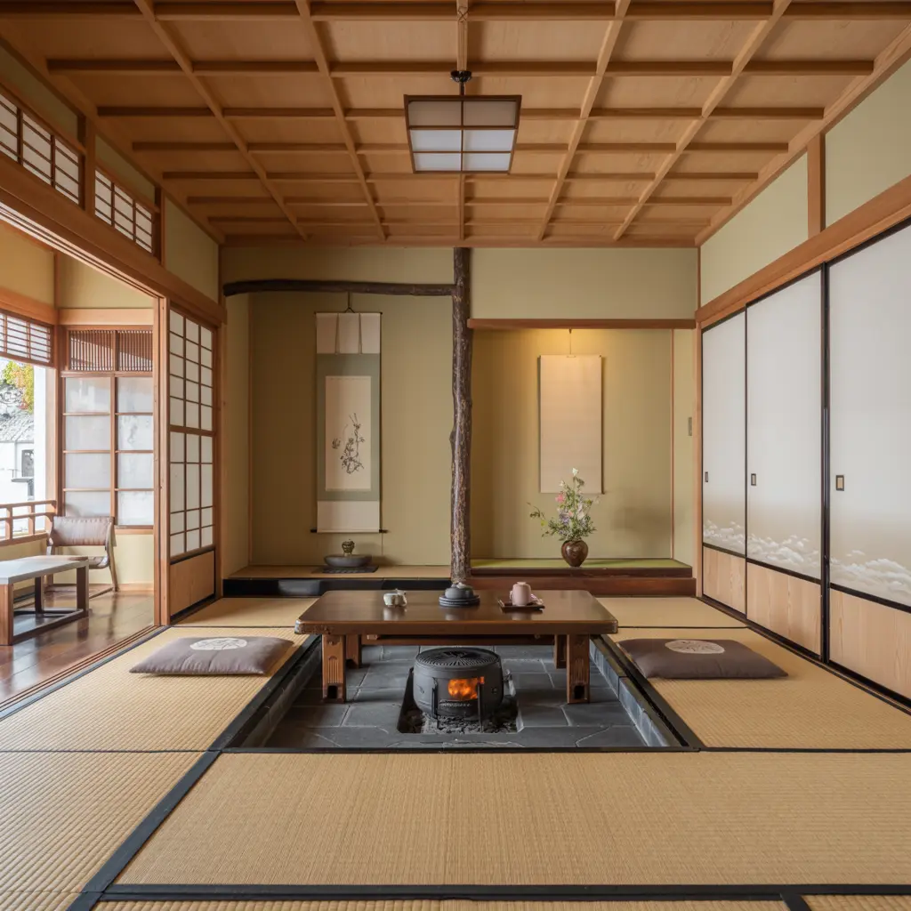 7. Japanese Tea Room with Tatami Mats and Low Table