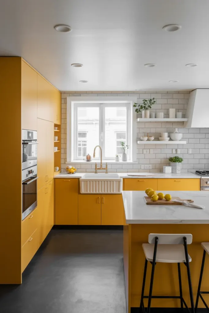 7. Minimalist Mustard Yellow Kitchen Makeover