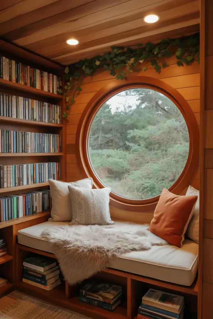 7. Rustic Reading Corner with Wooden Accents