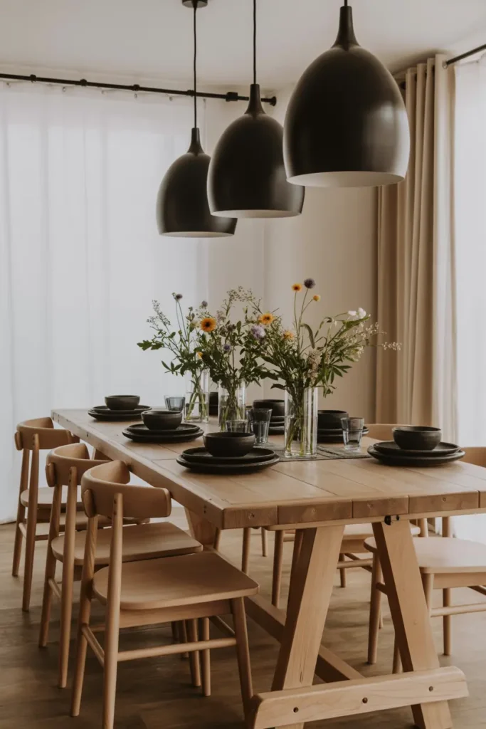 8. Black Pendant Lights over Wooden Dining Surfaces