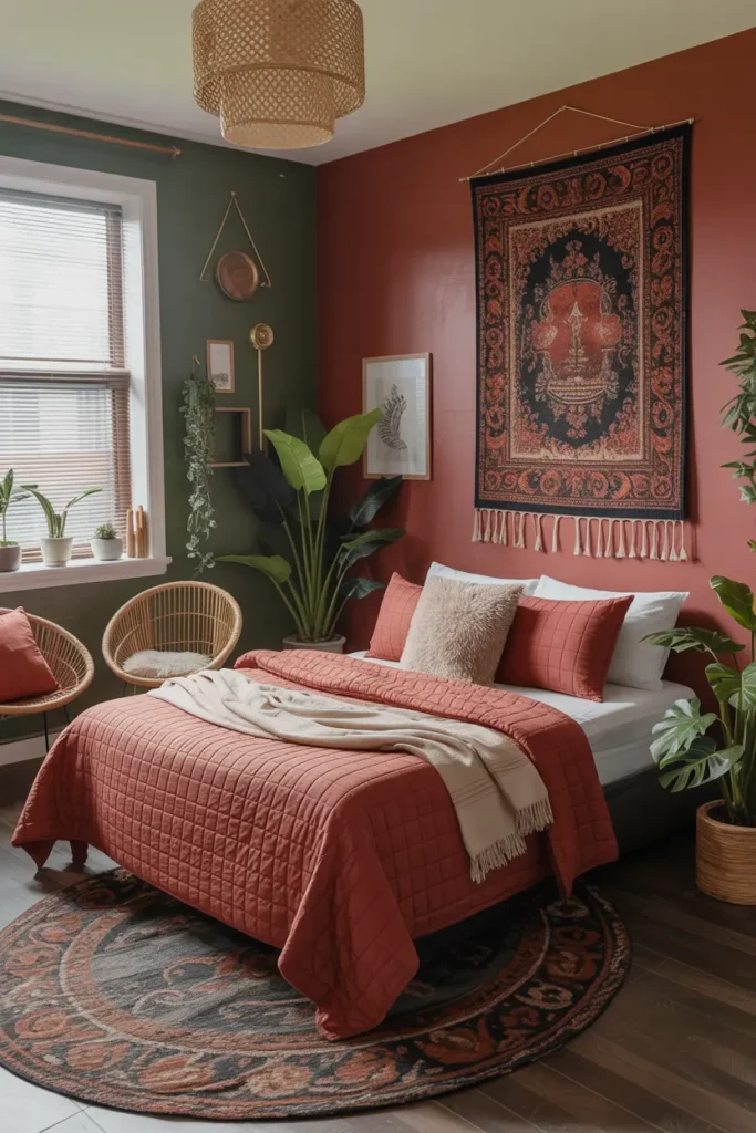 8. Boho Dorm Room with Tapestry and Throw Pillows