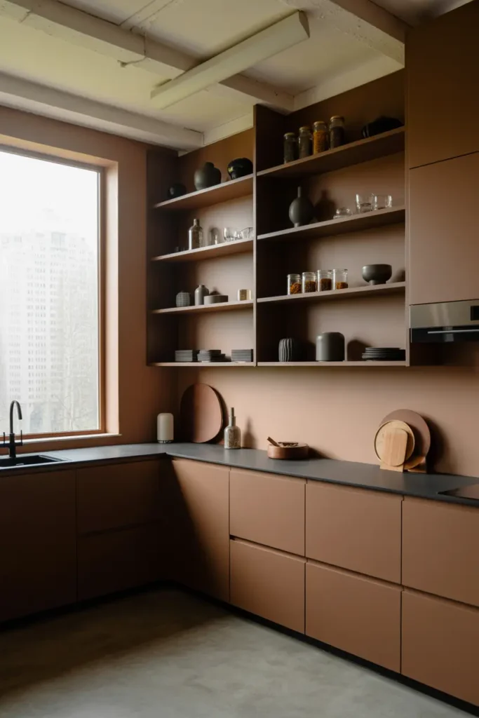 8. Brown Kitchen with Open Shelving Ideas