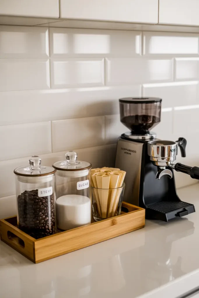 8. Coffee Bar Featuring Glass Canisters for Beans and Sugar