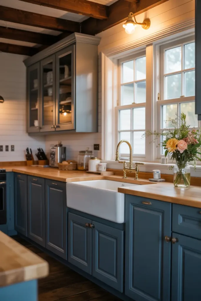 8. Dark Blue Shaker Cabinets with Farmhouse Sink