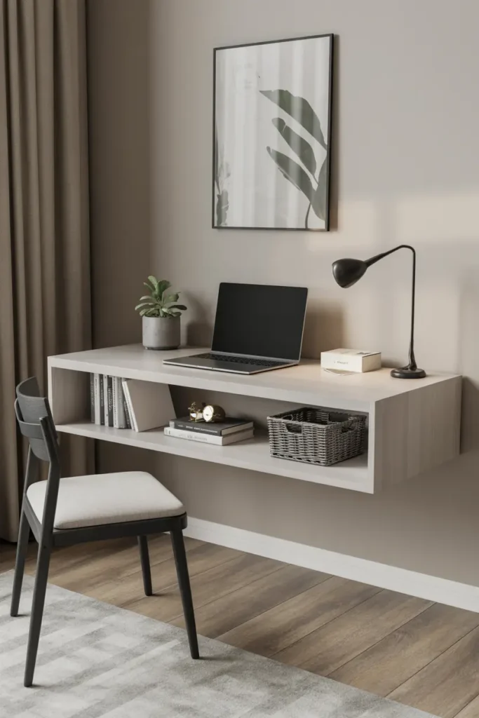 8. Floating Desk with Open Shelves for Minimalist Style