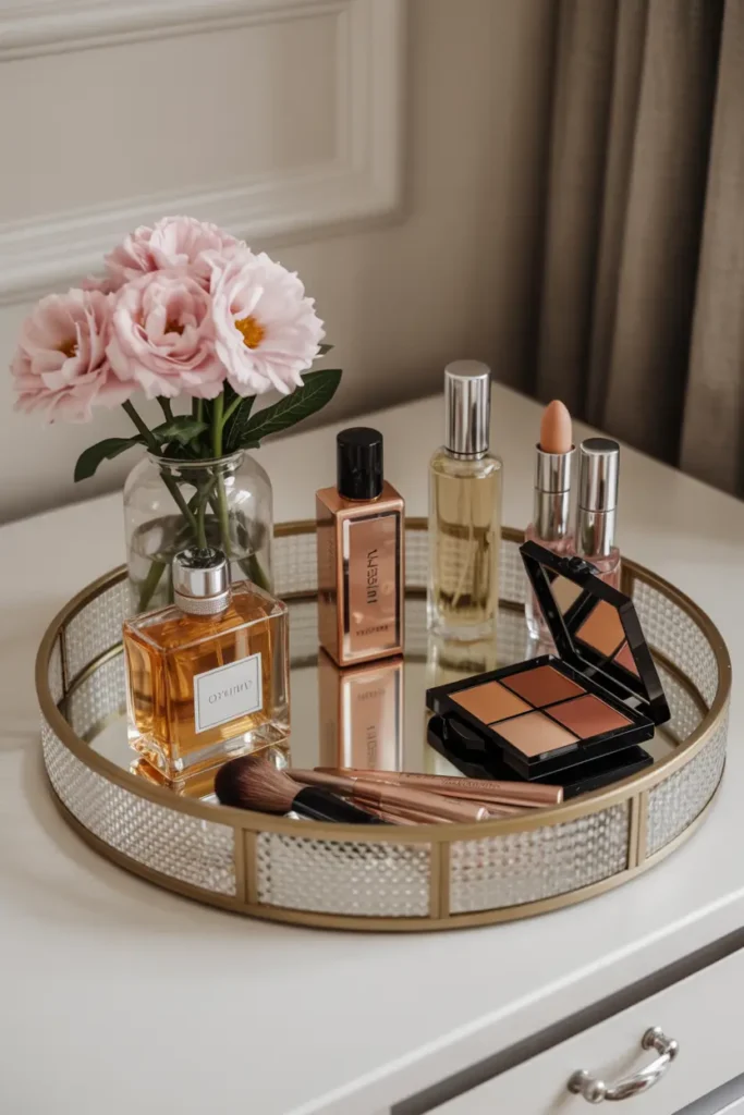 8. Glam Vanity Tray with Makeup Perfume and Flowers