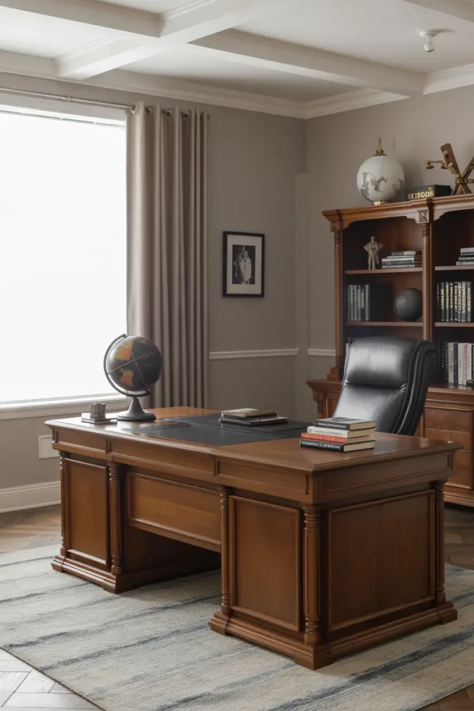 8. Masculine Home Office with Large Wooden Executive Desk