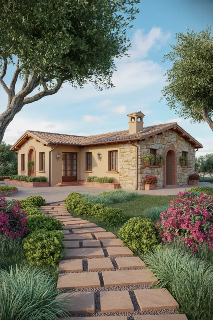 8. Single Story Tuscan Bungalow with Stone Walls