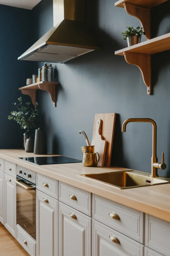 8. Slate Gray Wall with Brass Fixtures for Contrast