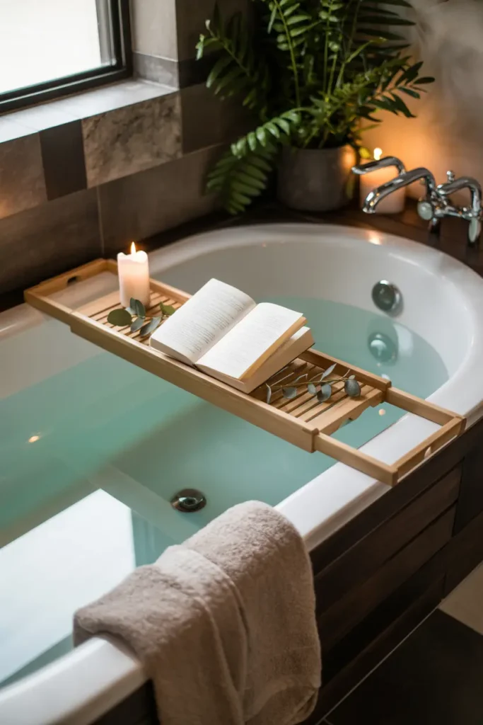 9. Add a Wooden Bath Tray for Relaxing Soaks