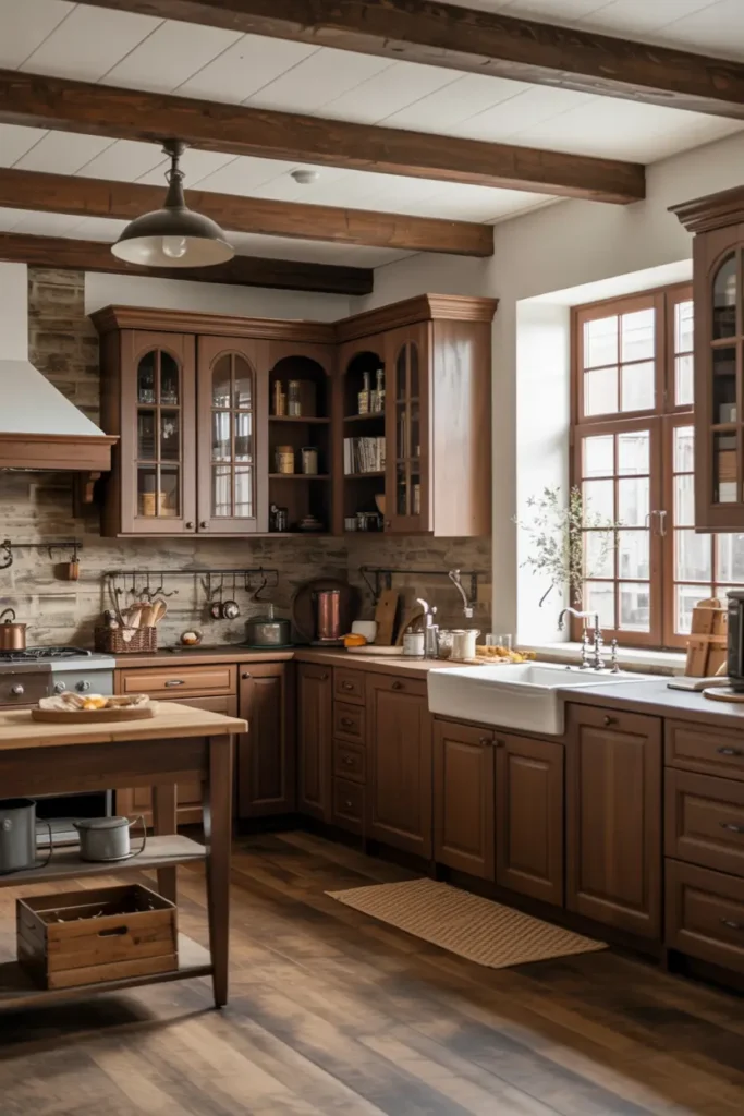 9. Farmhouse Brown Kitchen with Exposed Beams