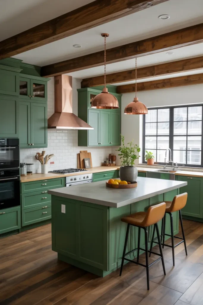 9. Hunter Green Kitchen with Reclaimed Wood Beams