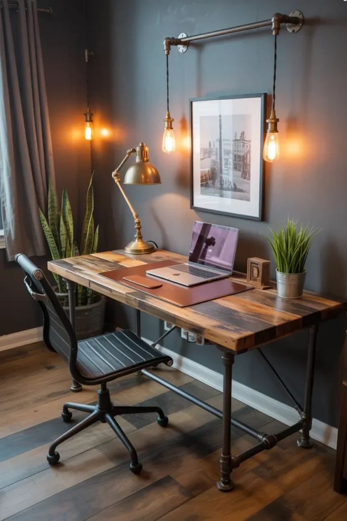 9. Industrial Style Desk with Metal Frame and Wooden Top
